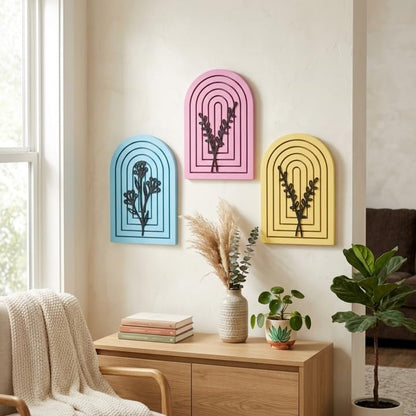 Pack of 3 Floral Wall Art with Blue Pink Yellow Wood Base Flower Cutouts Boho Decor