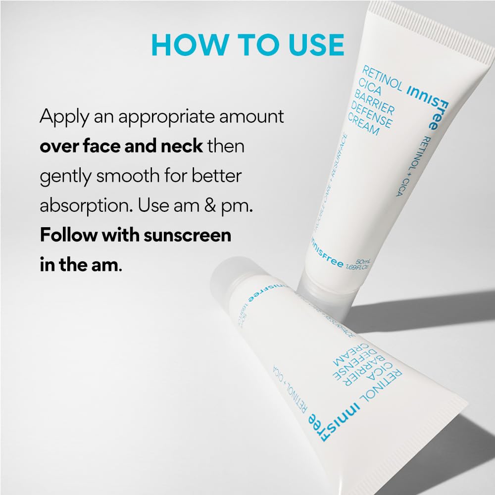 Innisfree Retinol Cica Barrier Defense Cream, 1.7 fl oz (50 ml), Retinol, Trouble Care, Moisturizing, Hypoallergenic, Sensitive Skin, Koream Skincare Cream