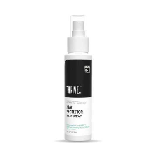 Thrive heat protector hair spray bottle on a white background