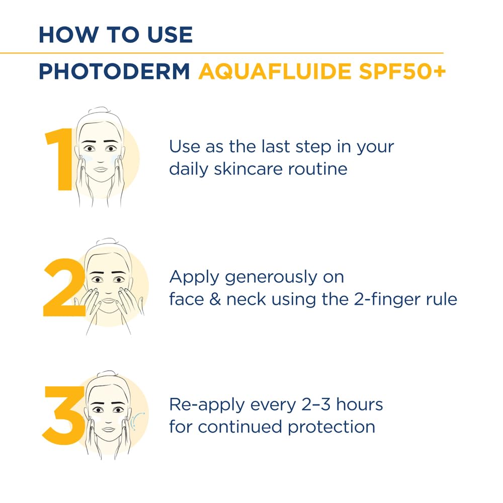 Instructions on how to use Photoderm AquaFluide SPF50+ with illustrations and text.