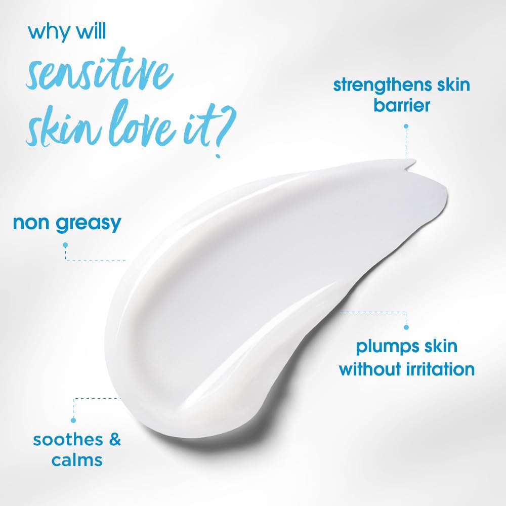 Product smear with text highlighting benefits for sensitive skin on a light background