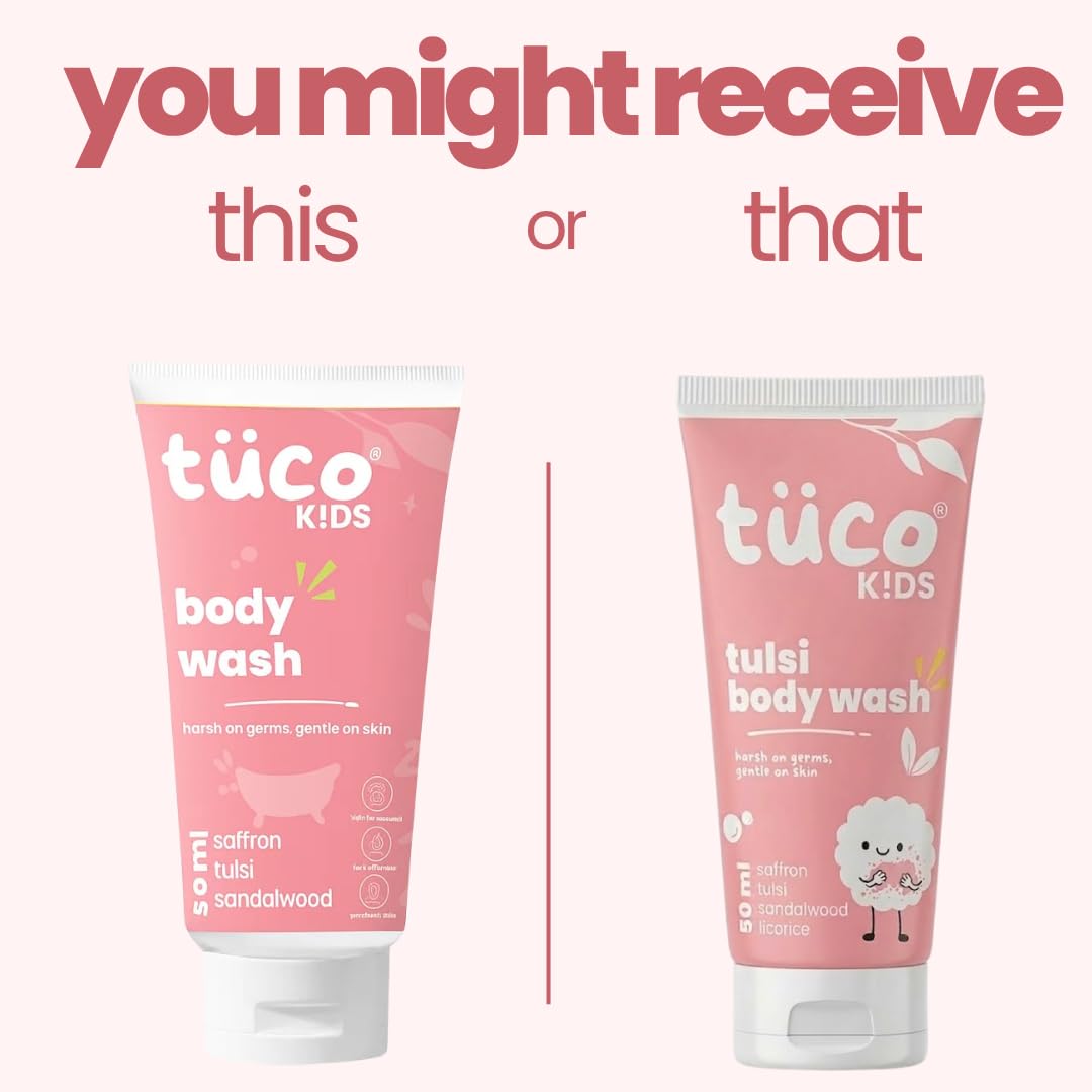Two tubes of tüco Kids body wash with different scents on a white background.