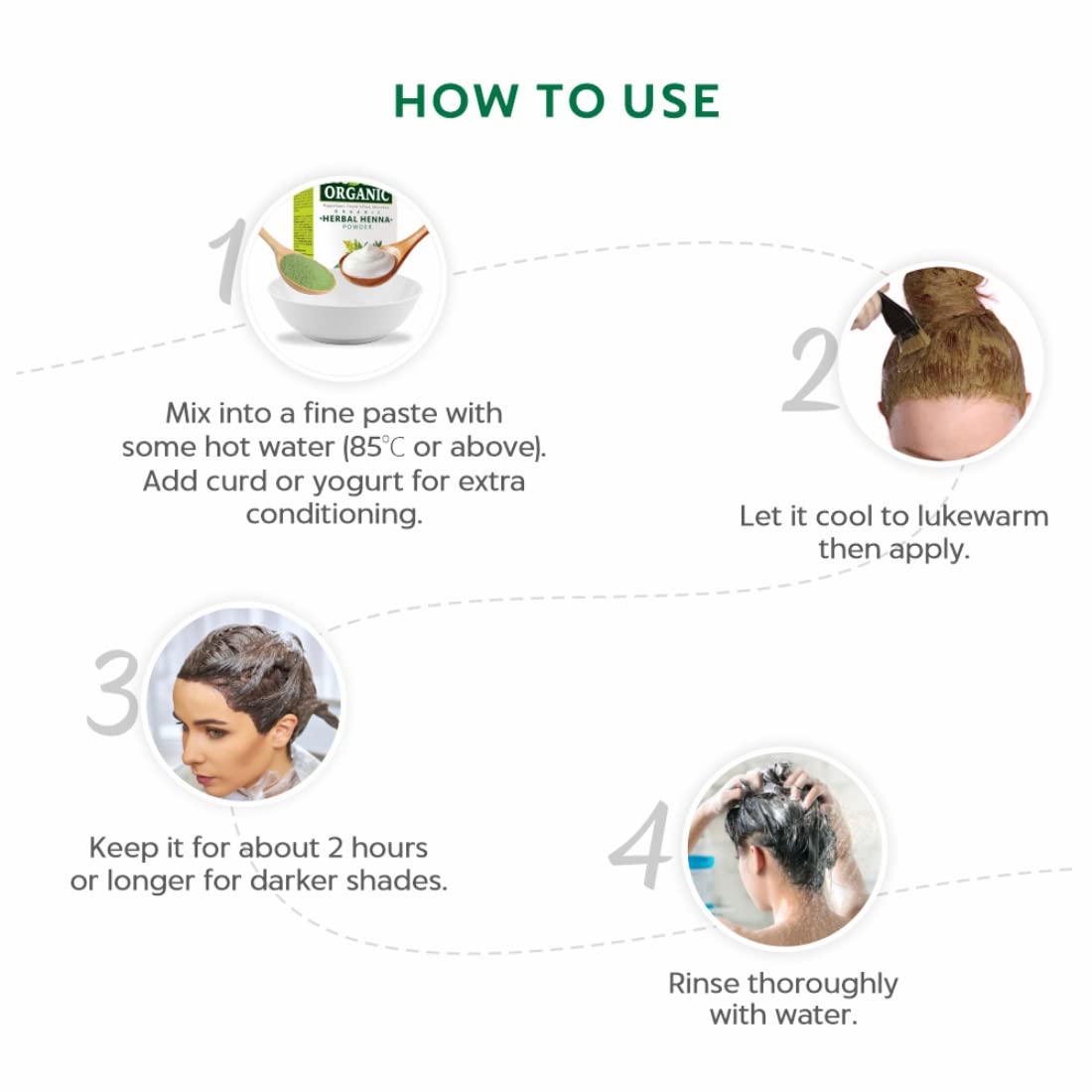 Step-by-step guide on how to use a hair care product with text and images.