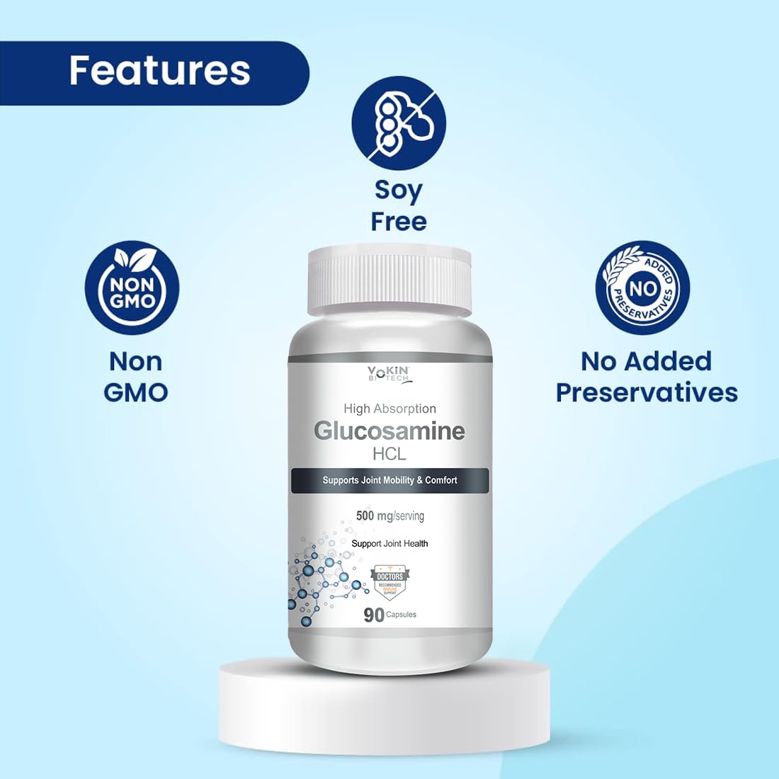 Bottle of glucosamine HCL supplement with features listed on a light blue background