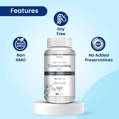 Bottle of glucosamine HCL supplement with features listed on a light blue background