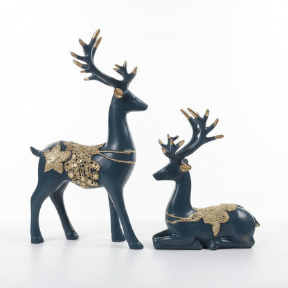eCraftIndia Resin Reindeer Showpiece for Home Decor Living Room (Pack of 2 Golden Blue) | Vastu Feng Shui Items for Good Luck Gift for Housewarming Birthday