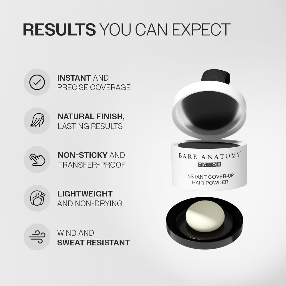 Bare Anatomy hair powder packaging with features listed on a white background