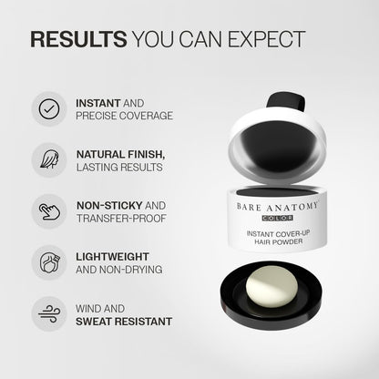 Bare Anatomy hair powder packaging with features listed on a white background