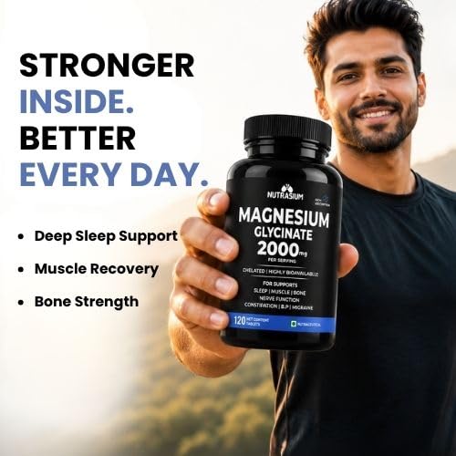 Nutrasium | Magnesium Glycinate 2000 mg | Chealated Magnesium Supplement For Natural Sleep, Muscle Relaxation, Nerve Function, Heart & Bone Health, Stress & Calmness | 120 Tablets