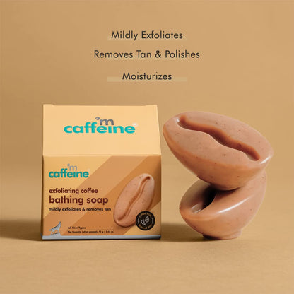 Caffeine exfoliating coffee soap with packaging on a beige background