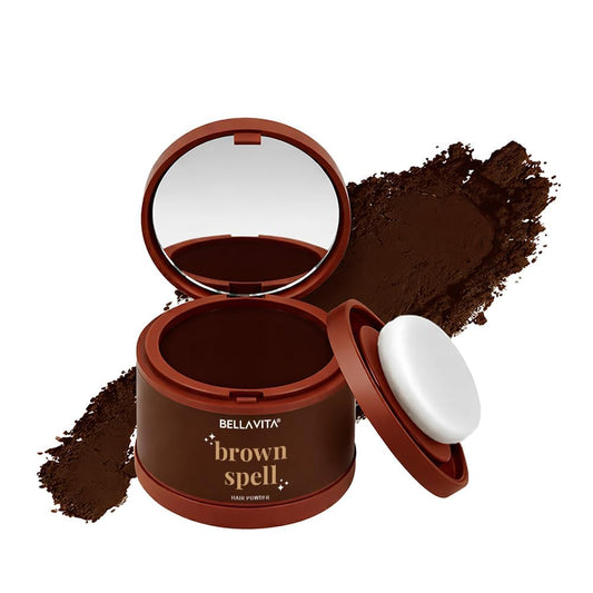 Open container of Bellavita brown powder with a white cap on a white background