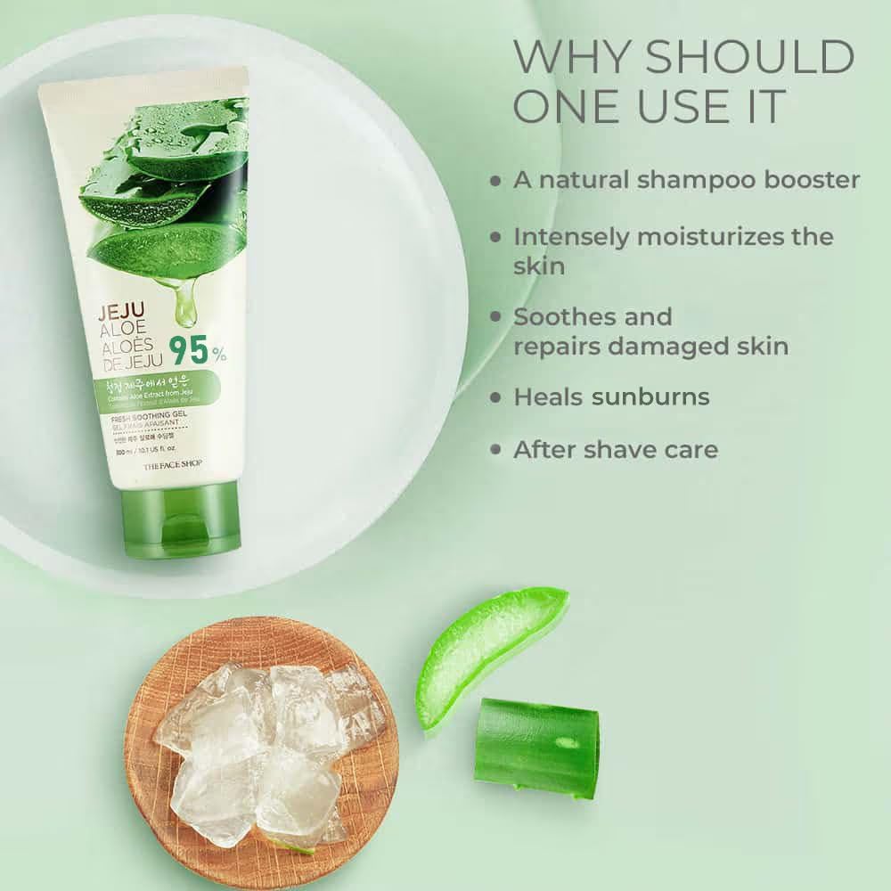Aloe vera product with benefits listed on a green background