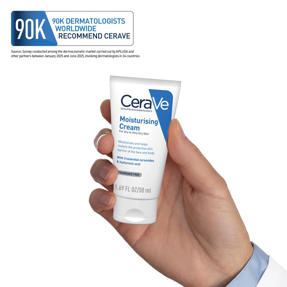 CeraVe moisturizing cream held in a hand with certification text above on a white background