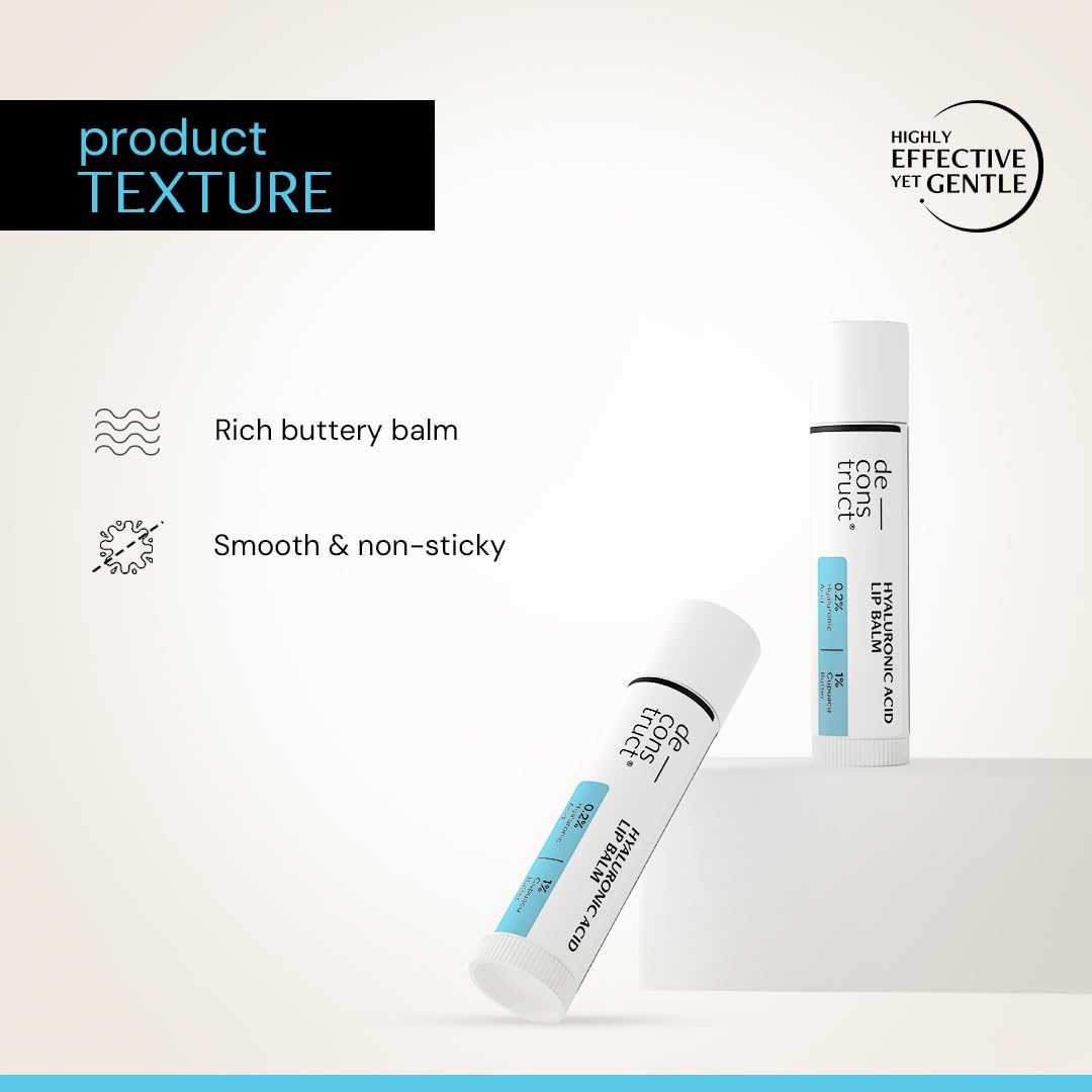 Two lip balm tubes with product texture description on a light background