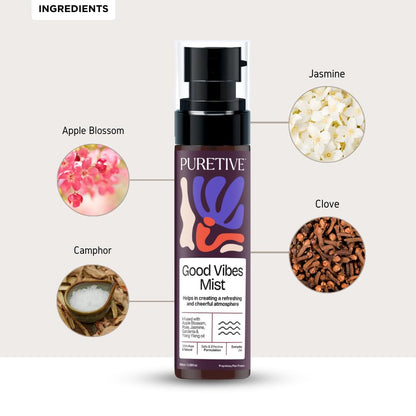 PURETIVE Good Vibes Mist bottle with ingredient illustrations on a white background