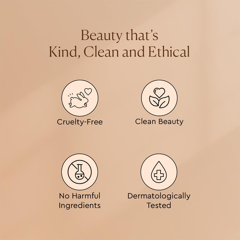 Icons and text on a beige background indicating cruelty-free, clean beauty, no harmful ingredients, and dermatologically tested products.