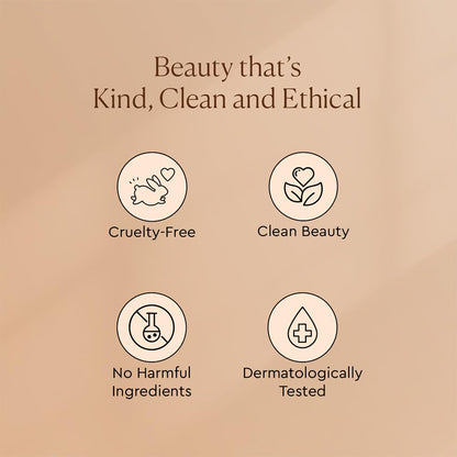 Icons and text on a beige background indicating cruelty-free, clean beauty, no harmful ingredients, and dermatologically tested products.