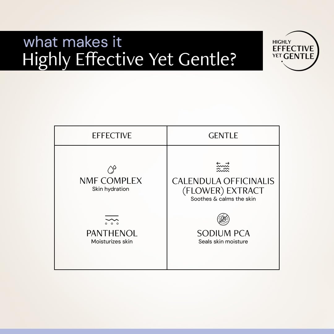 Product label highlighting effective and gentle ingredients on a light background
