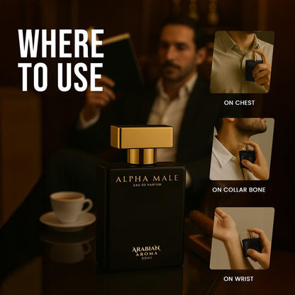 Alpha Male perfume bottle with usage instructions on a dark background