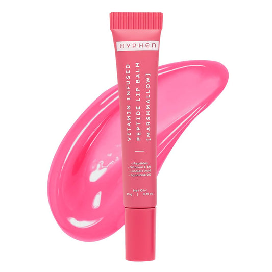 Pink lip balm tube with 'Hyphen' branding on a white background