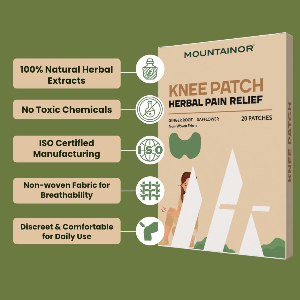 Mountainor Knee Patch packaging with herbal pain relief features on a green background