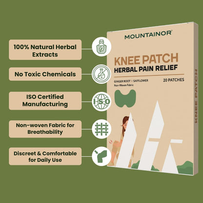 Mountainor Knee Patch packaging with herbal pain relief features on a green background