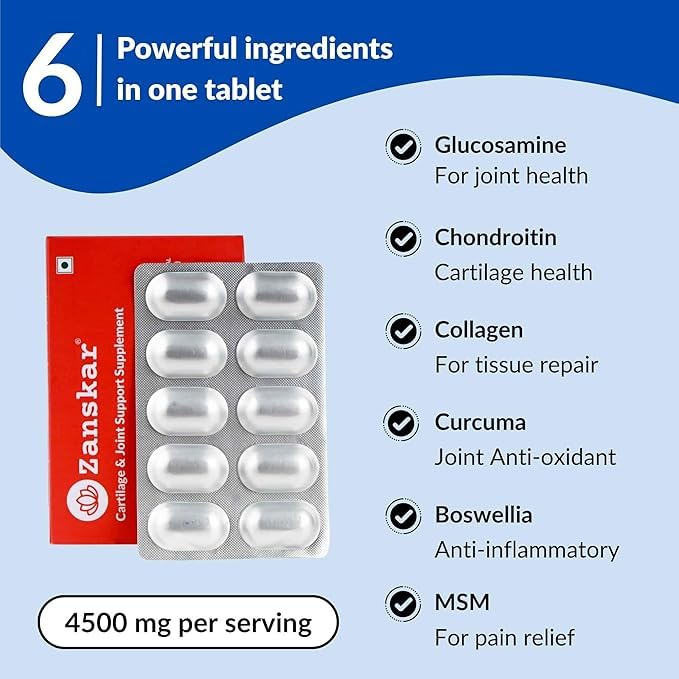 Zanskar Joint Support Supplement (30 Tablets) | 100% Veg - Glucosamine, Chondroitin, MSM, Collagen & Curcumin (4500mg) | Supports Joint Comfort, Flexibility & Mobility