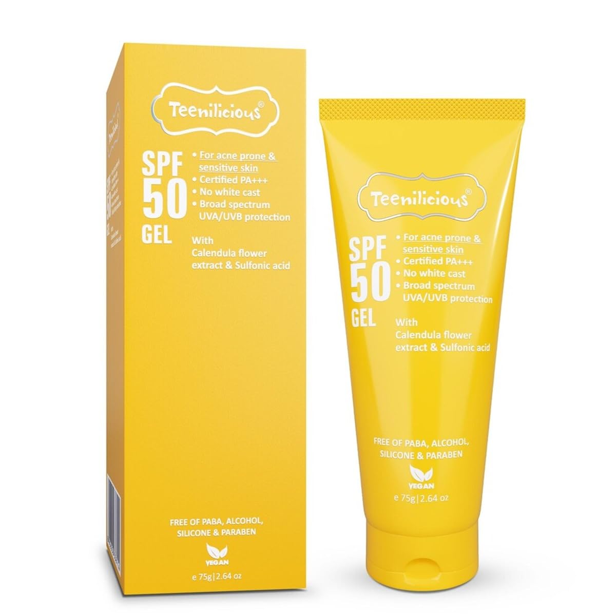 Teenilicious Sunscreen SPF 50 PA+++ Gel For Teenagers | For Acne Prone & Sensitive Skin | Broad Spectrum & UVA/UVB Protection | Light Weight | No White Cast | PABA, Alcohol, Silicone & Paraben Free -75g