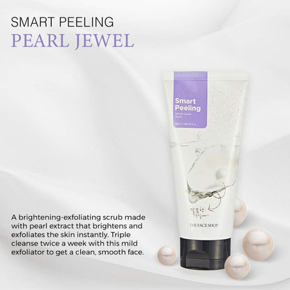 Smart Peeling Pearl Jewel scrub packaging with pearl extract on a light gray background