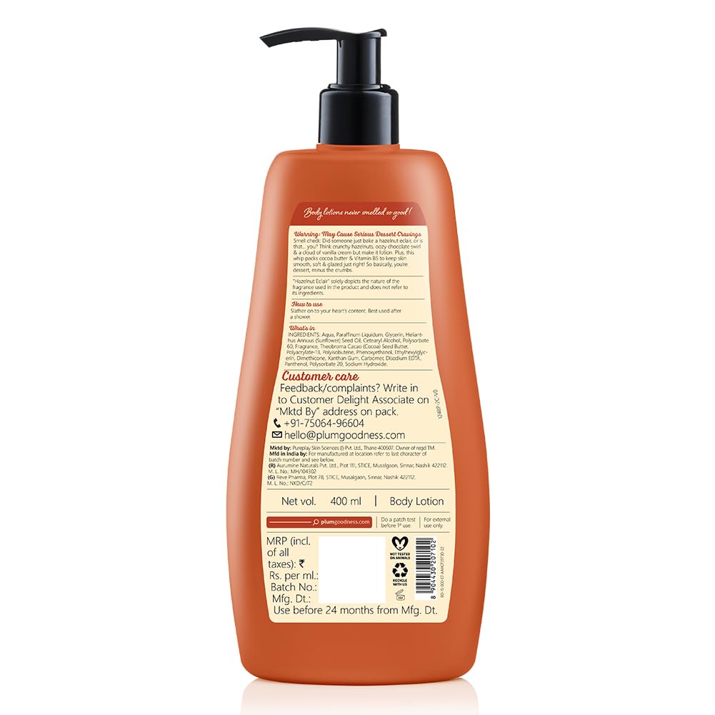 Plum BodyLovin' Hazelnut Eclair Body Lotion | Cocoa Butter & Vitamin B5 for Deep Moisturization | Hazelnut & Vanilla Notes | Non-Greasy & Lightweight | Soft, Smooth & Glazed Skin | For Dry To Very Dry Skin | Toasted Nutty Choco-Vanilla Fragrance | 400ml