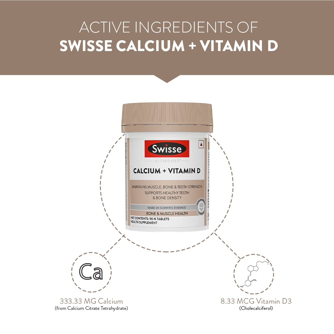 Zephivo Swisse Calcium + Vitamin D - Supports Stronger Bones, Immunity & Muscle Health, Manufactured In Australia - Pack of 90 Tablets (1 Tablet Per Serving)