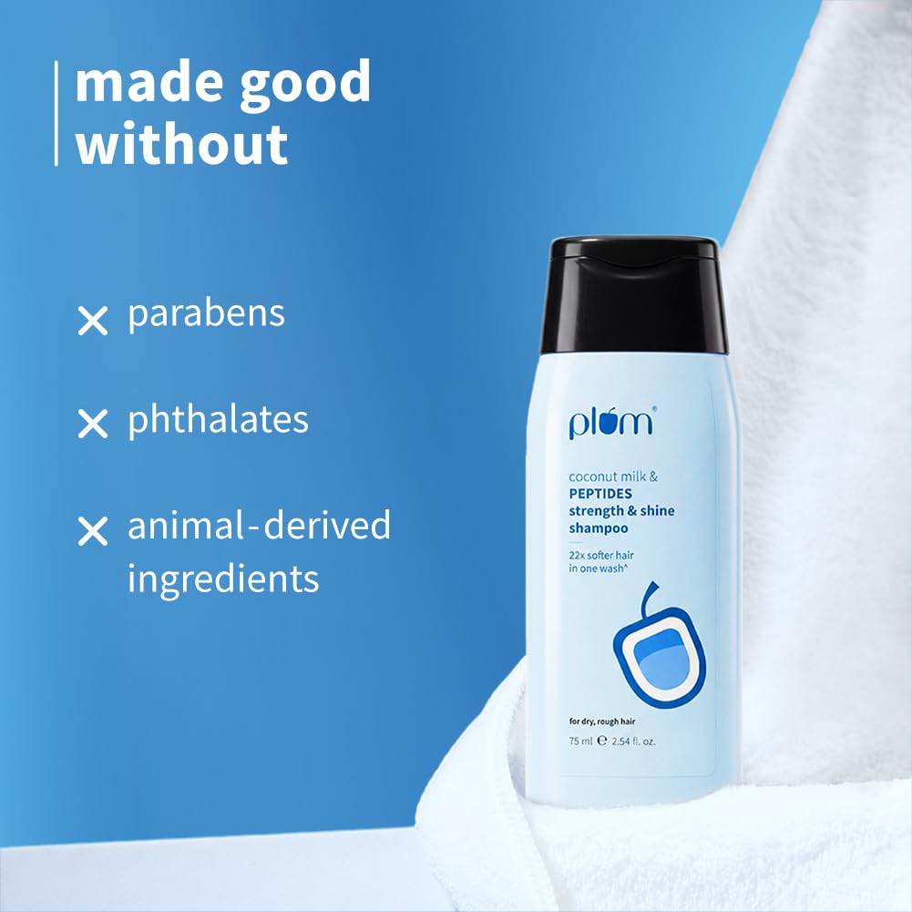 Plum Coconut Milk & Peptides Shampoo for Dry & Frizzy Hair | Provides 22X Shiny & Softer | Paraben-Free | Hair Shampoo for Women & Men | for Straight, Wavy & Rough Hair | pH Balanced | 75ml