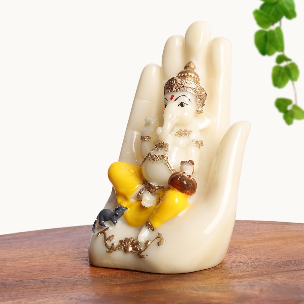 Blessing Ganesha Idol Sitting Hand Statue | Polyresin Statue in Ivory & Yellow Finish | for Table, Home, Office, Living Room Decoration Item