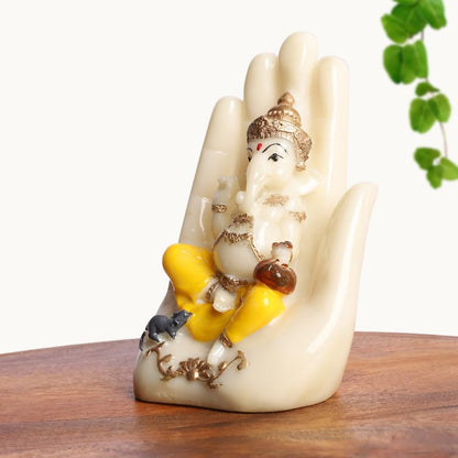 Blessing Ganesha Idol Sitting Hand Statue | Polyresin Statue in Ivory & Yellow Finish | for Table, Home, Office, Living Room Decoration Item