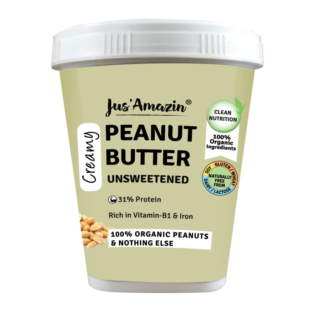 Jus' Amazin Creamy Organic Peanut Butter - Unsweetened | 31% Protein | Single Ingredient - 100% Organic Peanuts (no added Sugar/Salt) | Dairy Free | Keto | Clean Nutrition
