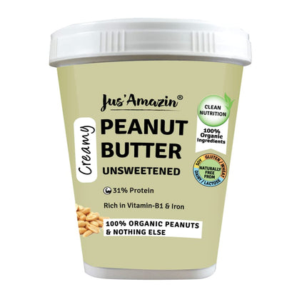 Jus' Amazin Creamy Organic Peanut Butter - Unsweetened | 31% Protein | Single Ingredient - 100% Organic Peanuts (no added Sugar/Salt) | Dairy Free | Keto | Clean Nutrition