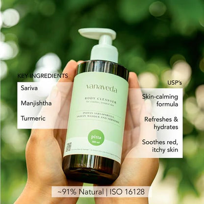 Vanaveda Pitta Body Cleanser for Oily & Sensitive Skin | Cooling Ayurvedic Body Wash with Plant-Based Cleansers | Daily Body Care for Balanced, Fresh Skin | 300ml