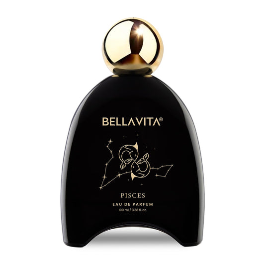 Black Bellavita Capricorn perfume bottle with gold cap on a white background
