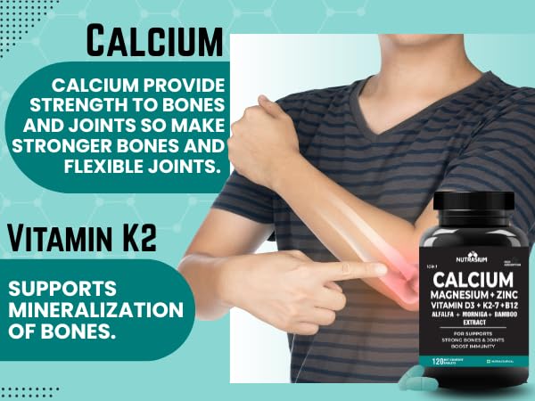 Nutrasium | Calcium & Vitamin D3 Tablets | Calcium Magnesium Zinc D3 & K2 with B12 & Folic Acid | Alfalfa, Moringa & Bamboo Leaves Extract | For Strong Bone & Joint Support | 120 Tablets