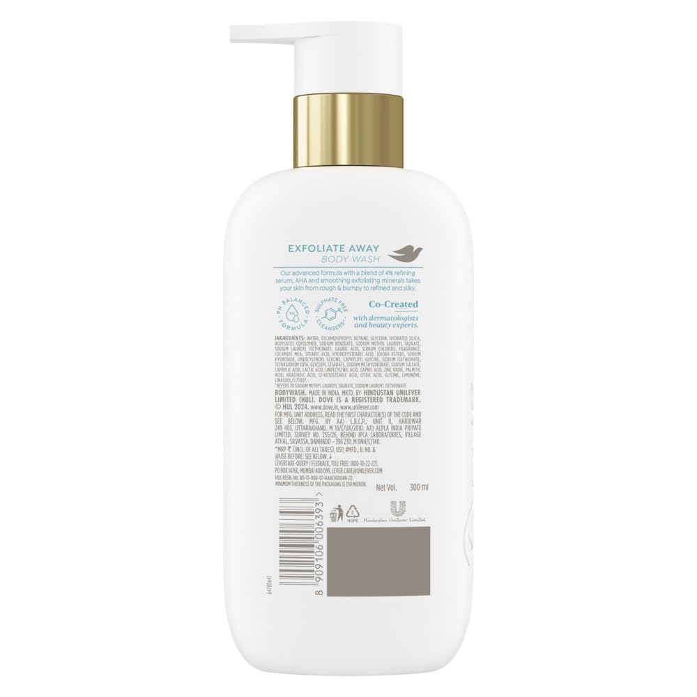 DOVE Exfoliate Away Serum Body Wash, 300 ml, for Refined and Silky Skin, with 4% Refining Serum + AHA, Dermatologist Co-Created, Paraben & SLS Free