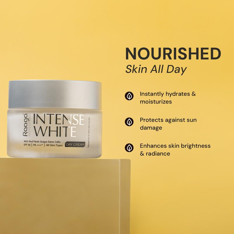Raaga Professional Intense White Day Cream | Red Flesh Grape Stem Cells | SPF 30 PA+++ | Nourished Skin All Day | All Skin Types, Phthalate Free, Sulphate Free (50 gm)