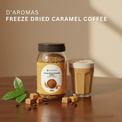 D'aromas Freeze Dried Caramel Coffee 100g | Premium Instant Flavoured Coffee Powder | Rich Aroma Smooth Caramel Taste | Perfect for Hot & Cold Coffee, Latte & Cappuccino