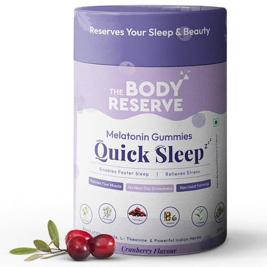Body Reserve Melatonin Gummies Quick Sleep container with cranberries and leaves on a white background