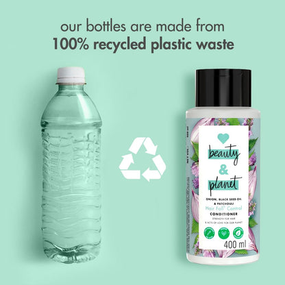 Bottle of shampoo and conditioner with a recycling symbol and text about recycled plastic bottles on a light green background.