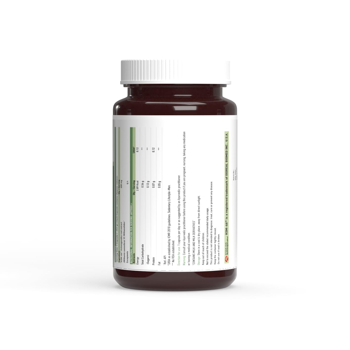 Brown supplement bottle with white label on a white background
