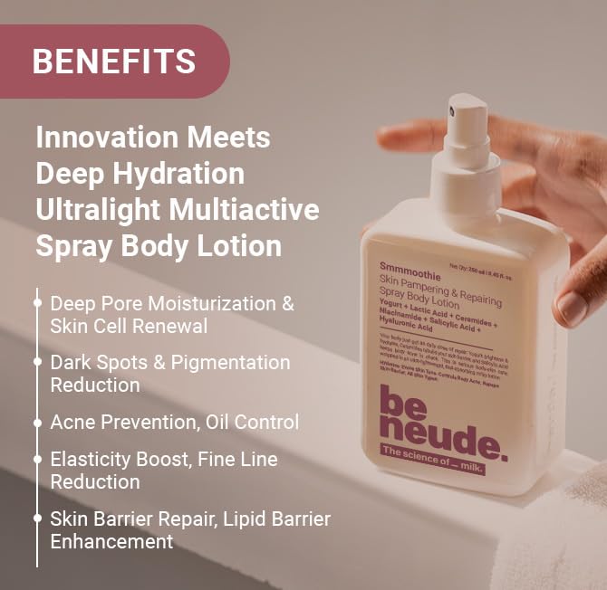 Be Neude Body Lotion with Ceramide, Lactic Acid, Niacinamide & Hyaluronic Acid for Deep Hydration, Barrier Repair & Dark Spot Reduction, Ultralight, Non-Sticky Body Lotion Smmmoothie, 250ml