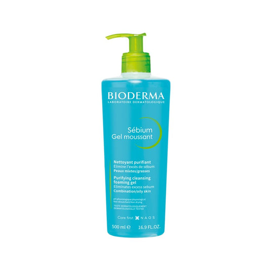 Bioderma cleansing gel bottle with pump on a white background