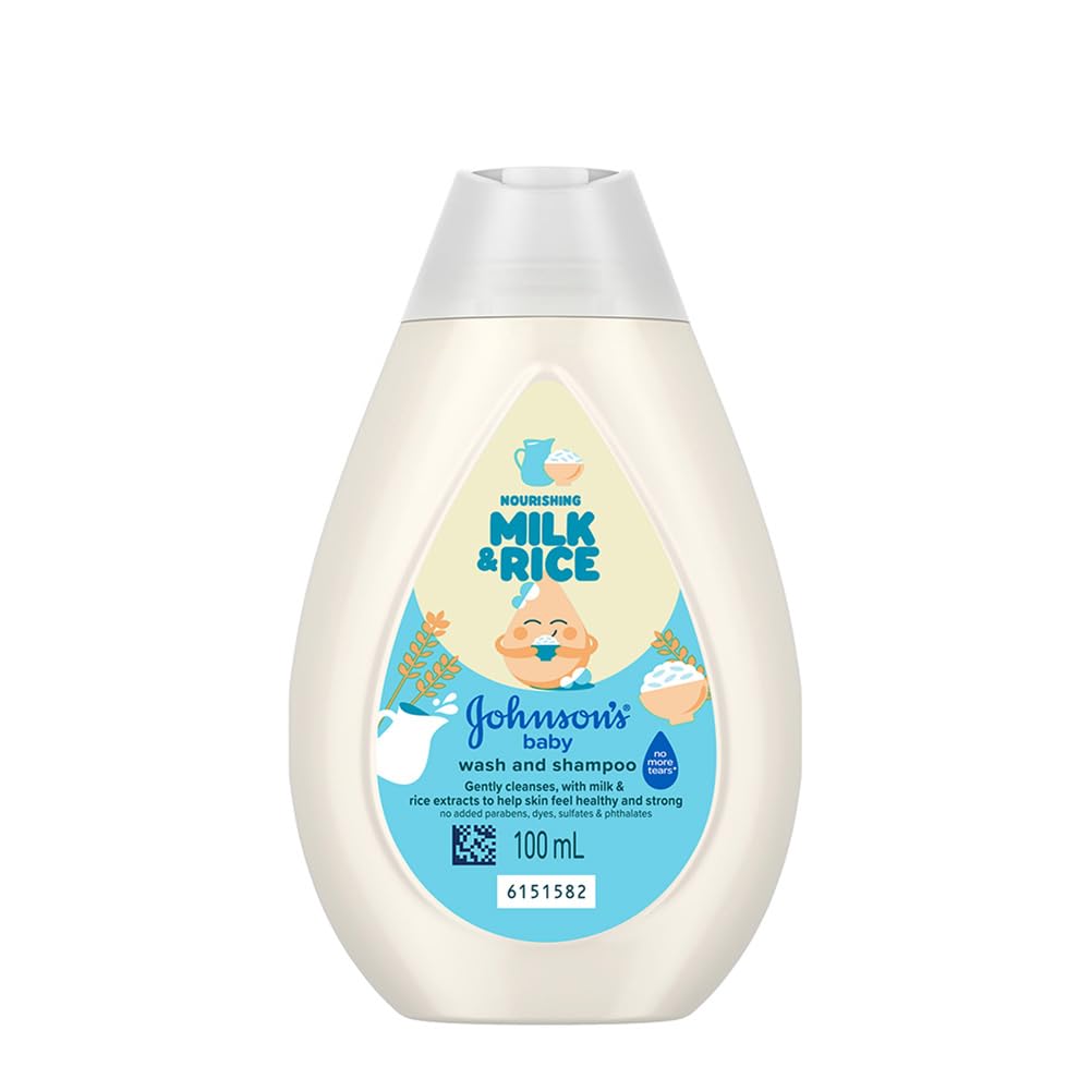 Johnson's Baby Milk & Rice Wash & Shampoo 100ml | 2-in-1 Baby Cleanser | No More Tears | Milk Protein, Rice Extracts & Multivitamins | Hypoallergenic, pH Balanced | No Parabens, Sulphates or Dyes
