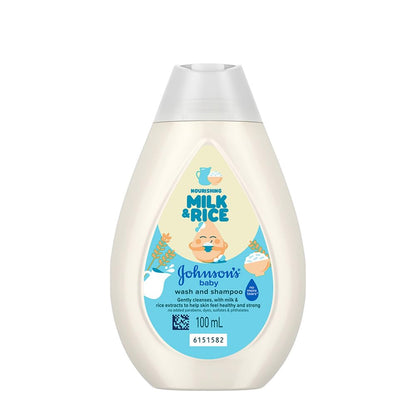 Johnson's Baby Milk & Rice Wash & Shampoo 100ml | 2-in-1 Baby Cleanser | No More Tears | Milk Protein, Rice Extracts & Multivitamins | Hypoallergenic, pH Balanced | No Parabens, Sulphates or Dyes