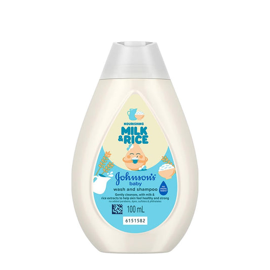 Johnson's Baby Milk & Rice Wash & Shampoo 100ml | 2-in-1 Baby Cleanser | No More Tears | Milk Protein, Rice Extracts & Multivitamins | Hypoallergenic, pH Balanced | No Parabens, Sulphates or Dyes